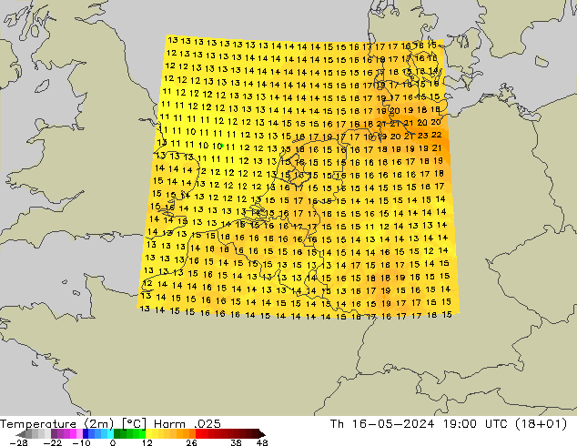 Temperaturkarte (2m) Harm .025 Do 16.05.2024 19 UTC