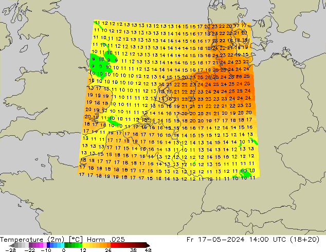 mapa temperatury (2m) Harm .025 pt. 17.05.2024 14 UTC