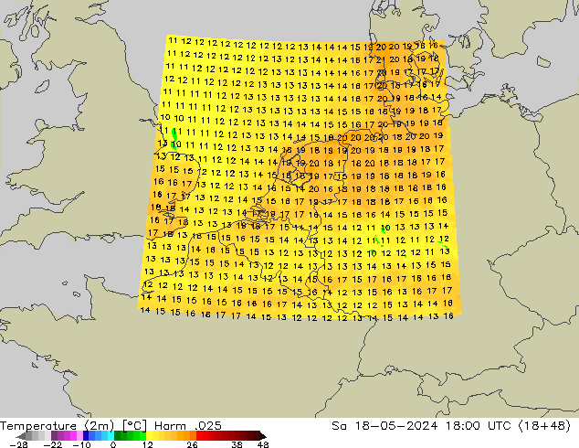 Temperatuurkaart (2m) Harm .025 za 18.05.2024 18 UTC