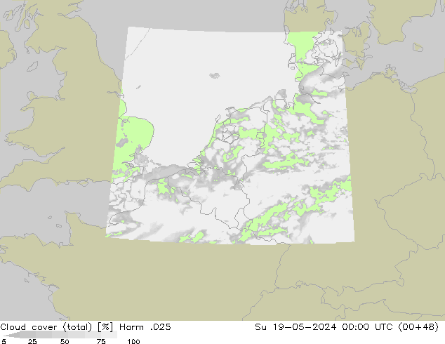 Cloud cover (total) Harm .025 Su 19.05.2024 00 UTC