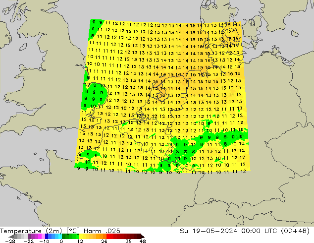 Sıcaklık Haritası (2m) Harm .025 Paz 19.05.2024 00 UTC