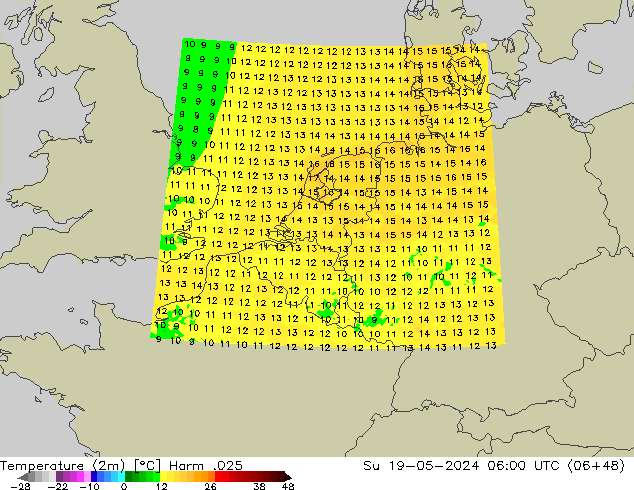 Temperaturkarte (2m) Harm .025 So 19.05.2024 06 UTC