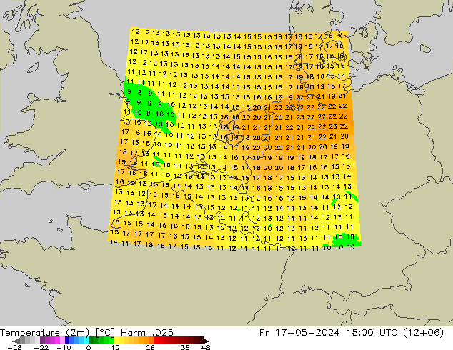 Temperatura (2m) Harm .025 ven 17.05.2024 18 UTC