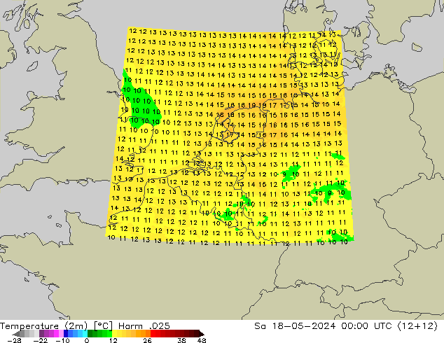 Temperatuurkaart (2m) Harm .025 za 18.05.2024 00 UTC