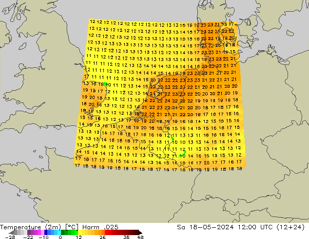 mapa temperatury (2m) Harm .025 so. 18.05.2024 12 UTC