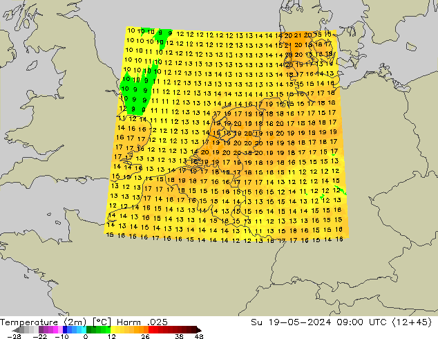 mapa temperatury (2m) Harm .025 nie. 19.05.2024 09 UTC