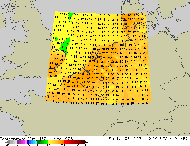 Temperatuurkaart (2m) Harm .025 zo 19.05.2024 12 UTC