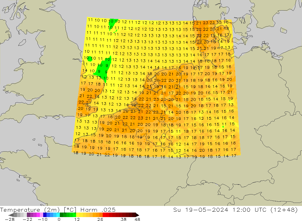 Temperatuurkaart (2m) Harm .025 zo 19.05.2024 12 UTC