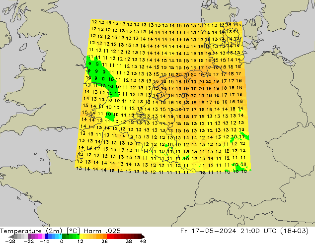 Temperature (2m) Harm .025 Fr 17.05.2024 21 UTC