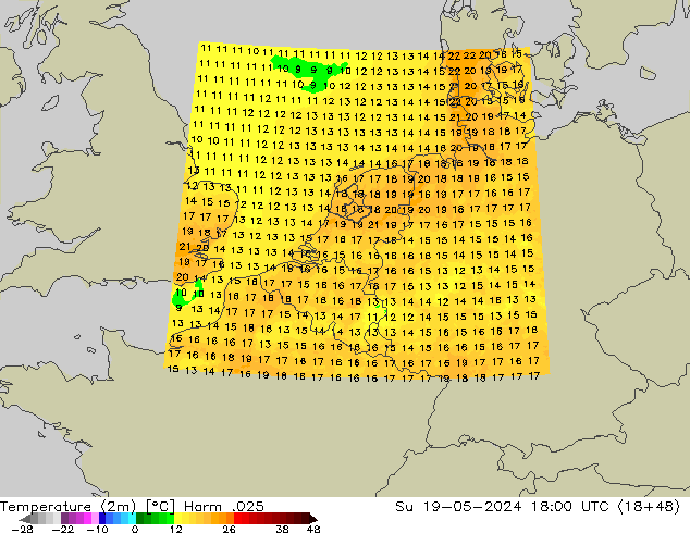 mapa temperatury (2m) Harm .025 nie. 19.05.2024 18 UTC