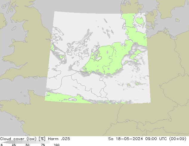 Cloud cover (low) Harm .025 Sa 18.05.2024 09 UTC