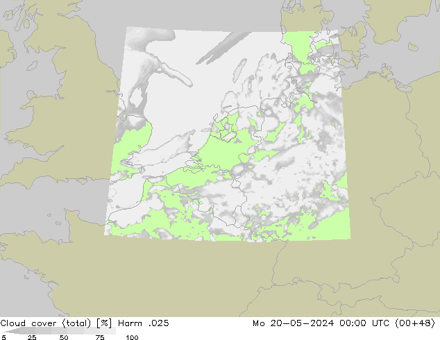 Cloud cover (total) Harm .025 Mo 20.05.2024 00 UTC