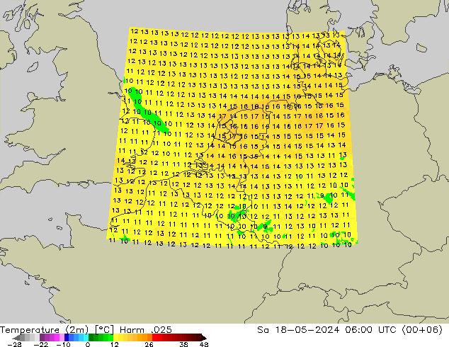 Temperatuurkaart (2m) Harm .025 za 18.05.2024 06 UTC