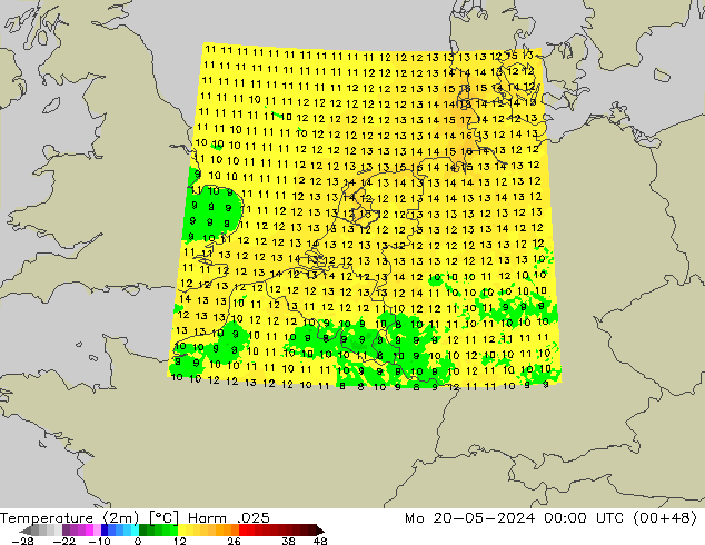 Temperatuurkaart (2m) Harm .025 ma 20.05.2024 00 UTC