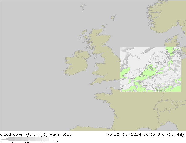Cloud cover (total) Harm .025 Po 20.05.2024 00 UTC