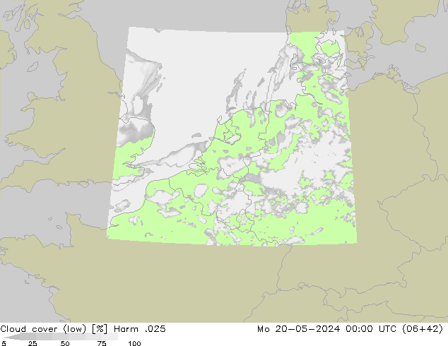 Cloud cover (low) Harm .025 Mo 20.05.2024 00 UTC