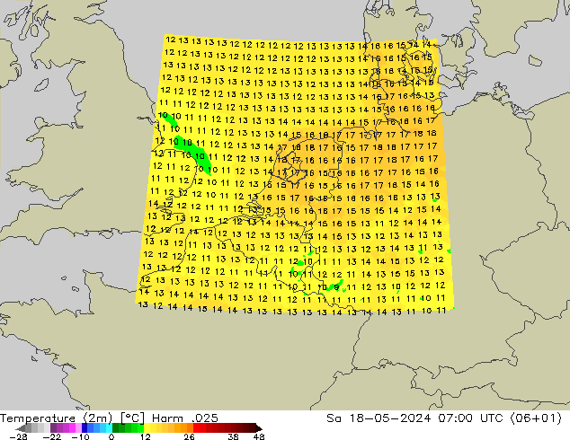 Temperatuurkaart (2m) Harm .025 za 18.05.2024 07 UTC