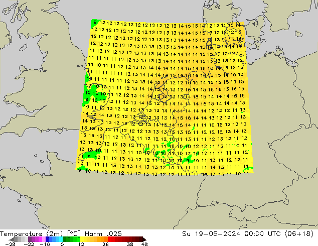 Temperature (2m) Harm .025 Su 19.05.2024 00 UTC