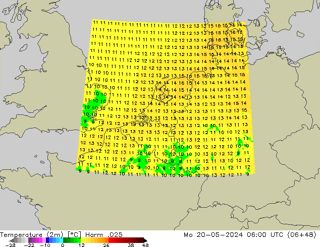Temperatuurkaart (2m) Harm .025 ma 20.05.2024 06 UTC