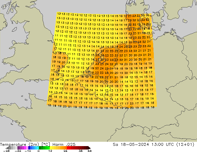 Sıcaklık Haritası (2m) Harm .025 Cts 18.05.2024 13 UTC