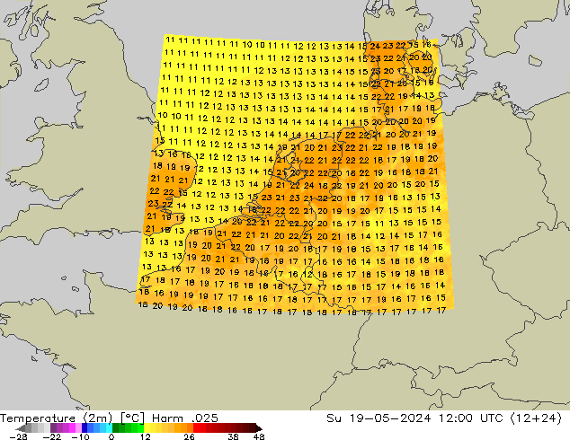Temperatura (2m) Harm .025 dom 19.05.2024 12 UTC
