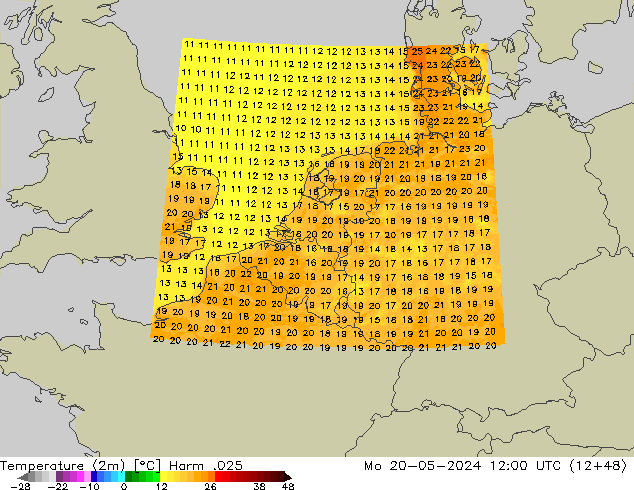 Temperaturkarte (2m) Harm .025 Mo 20.05.2024 12 UTC