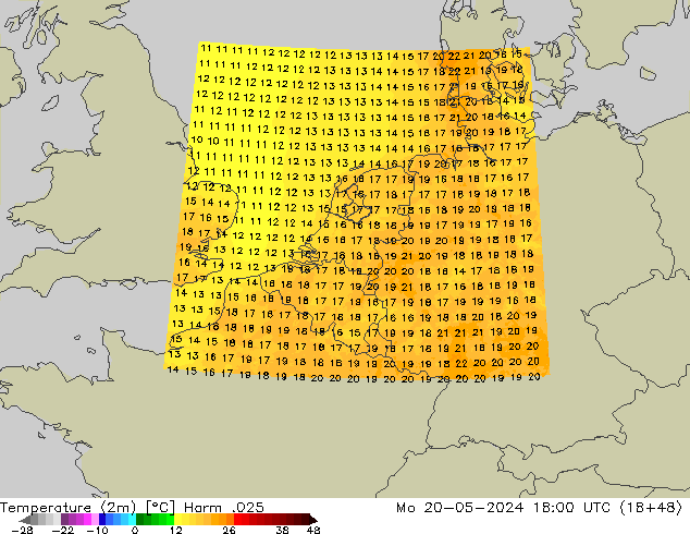 Temperature (2m) Harm .025 Mo 20.05.2024 18 UTC