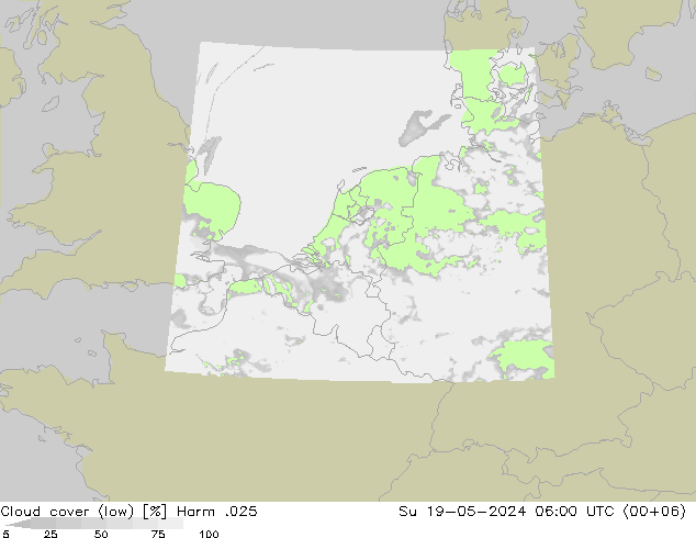 Cloud cover (low) Harm .025 Su 19.05.2024 06 UTC