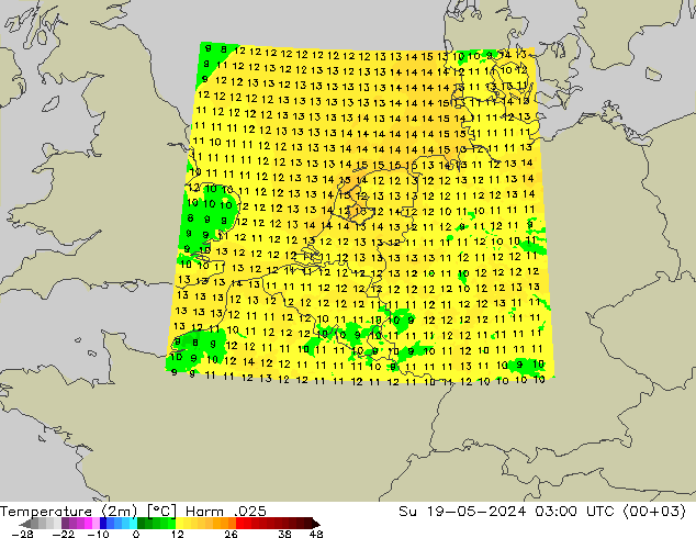 Temperaturkarte (2m) Harm .025 So 19.05.2024 03 UTC
