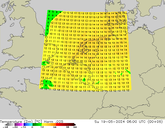 Sıcaklık Haritası (2m) Harm .025 Paz 19.05.2024 06 UTC