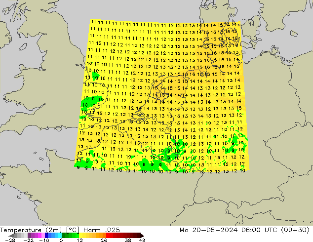 Temperatuurkaart (2m) Harm .025 ma 20.05.2024 06 UTC