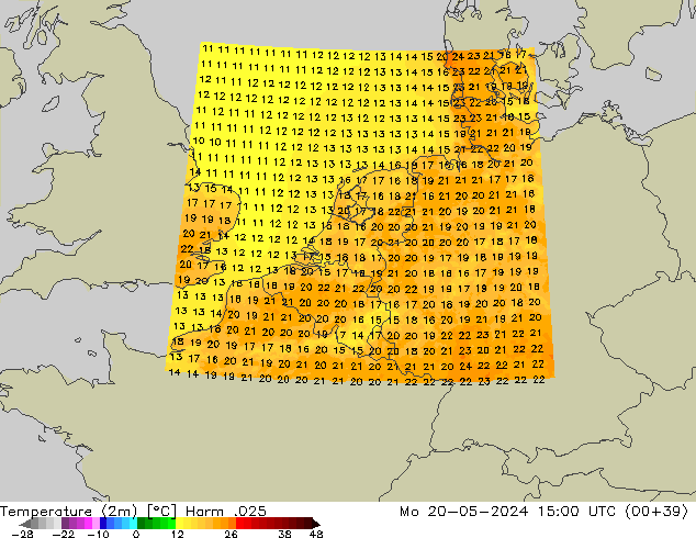 mapa temperatury (2m) Harm .025 pon. 20.05.2024 15 UTC