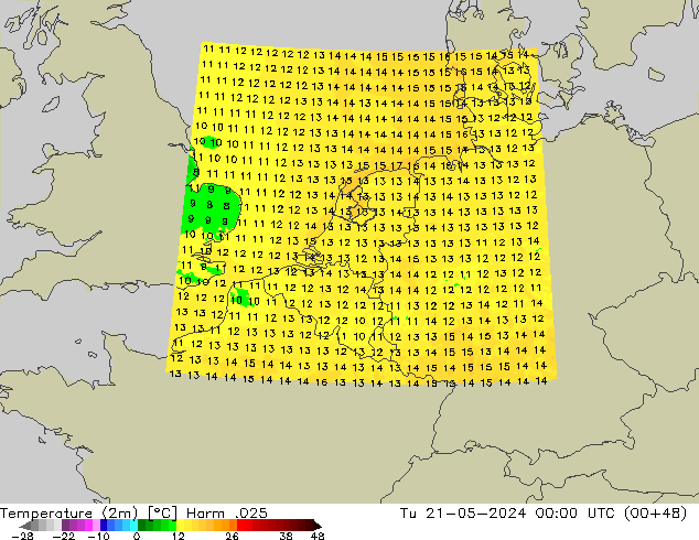 Temperatuurkaart (2m) Harm .025 di 21.05.2024 00 UTC