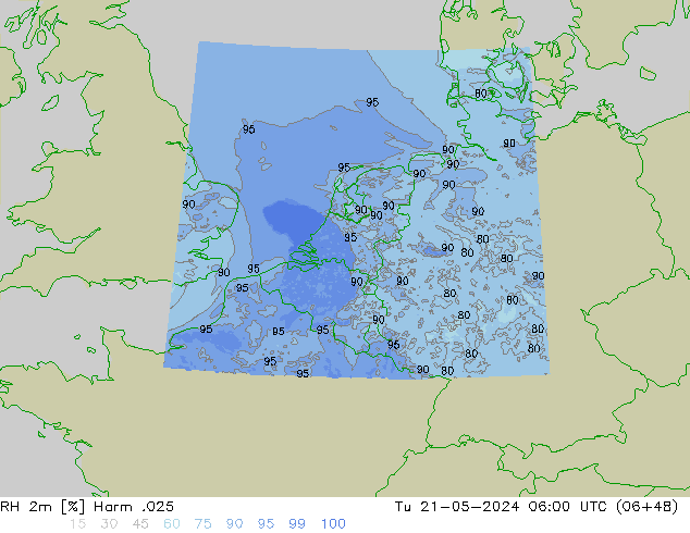 Humidité rel. 2m Harm .025 mar 21.05.2024 06 UTC