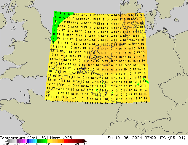 Temperaturkarte (2m) Harm .025 So 19.05.2024 07 UTC