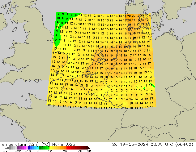 Temperaturkarte (2m) Harm .025 So 19.05.2024 08 UTC