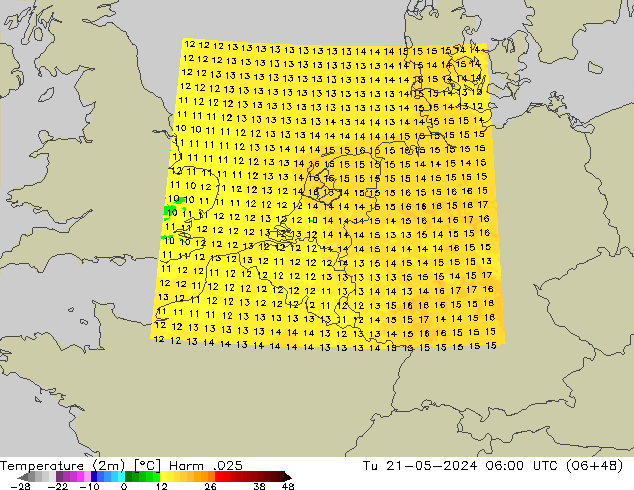 mapa temperatury (2m) Harm .025 wto. 21.05.2024 06 UTC