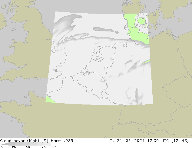 Cloud cover (high) Harm .025 Tu 21.05.2024 12 UTC