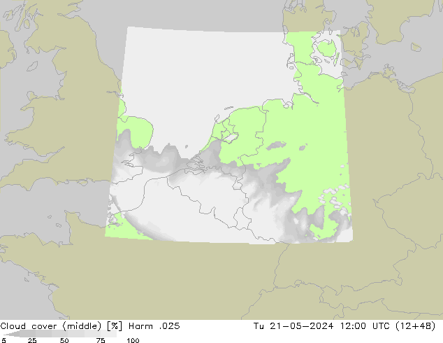 Cloud cover (middle) Harm .025 Tu 21.05.2024 12 UTC