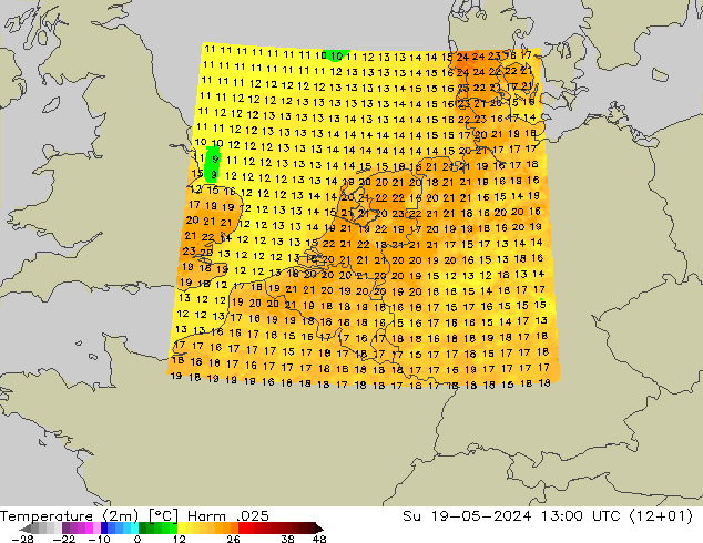 Temperaturkarte (2m) Harm .025 So 19.05.2024 13 UTC