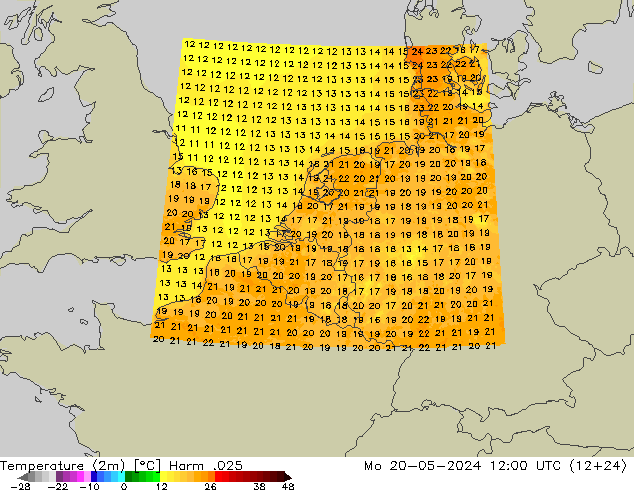 mapa temperatury (2m) Harm .025 pon. 20.05.2024 12 UTC