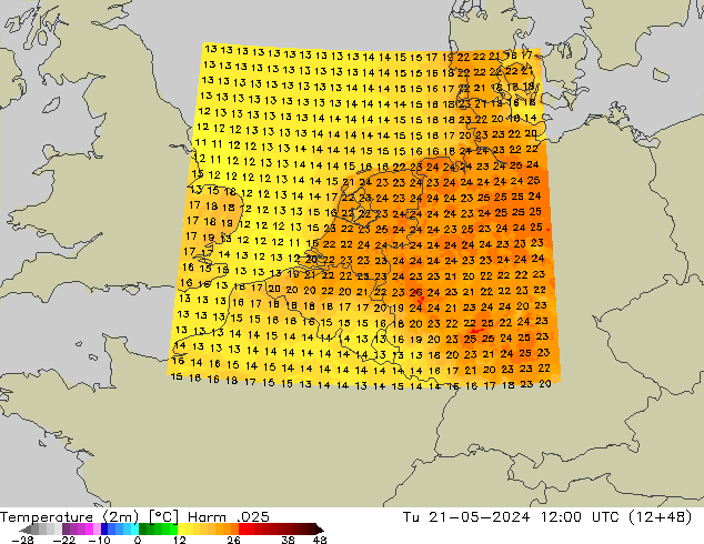 mapa temperatury (2m) Harm .025 wto. 21.05.2024 12 UTC
