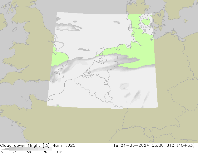 Cloud cover (high) Harm .025 Tu 21.05.2024 03 UTC