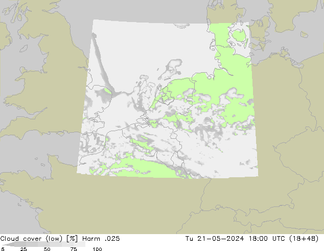 Cloud cover (low) Harm .025 Tu 21.05.2024 18 UTC