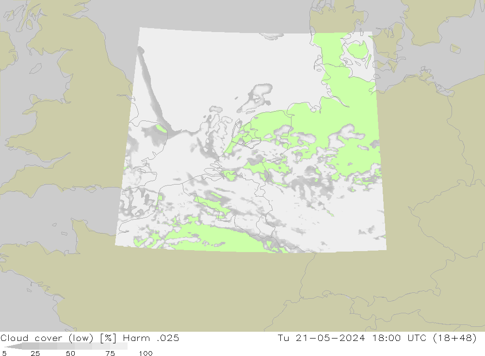 Cloud cover (low) Harm .025 Tu 21.05.2024 18 UTC