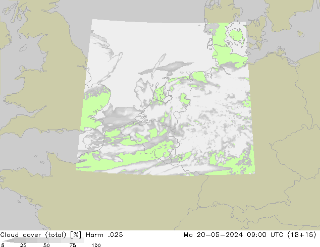 Cloud cover (total) Harm .025 Mo 20.05.2024 09 UTC