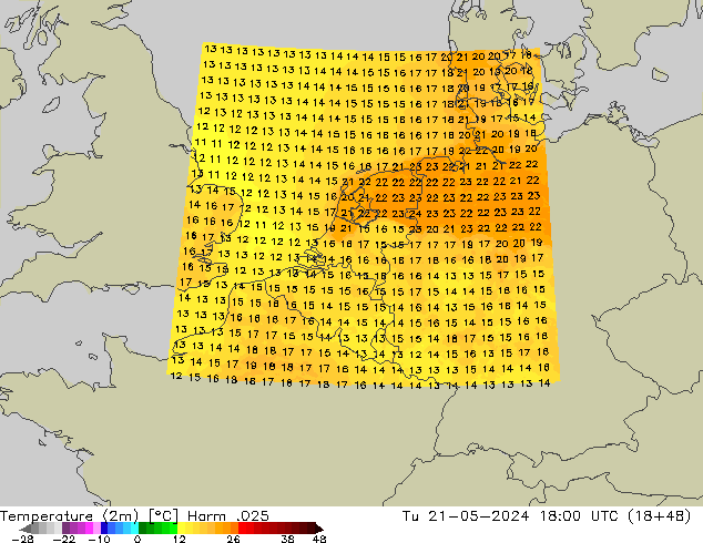 mapa temperatury (2m) Harm .025 wto. 21.05.2024 18 UTC