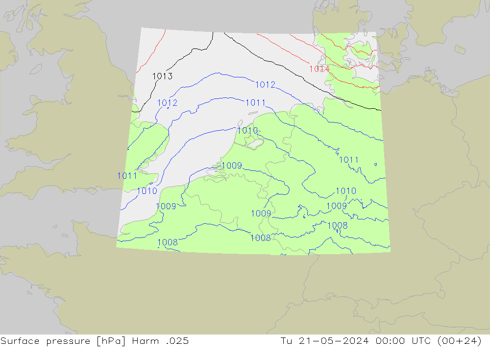 地面气压 Harm .025 星期二 21.05.2024 00 UTC