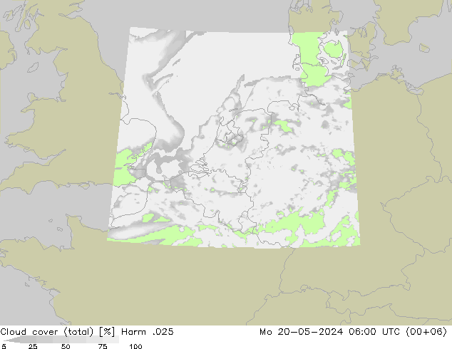 Cloud cover (total) Harm .025 Po 20.05.2024 06 UTC