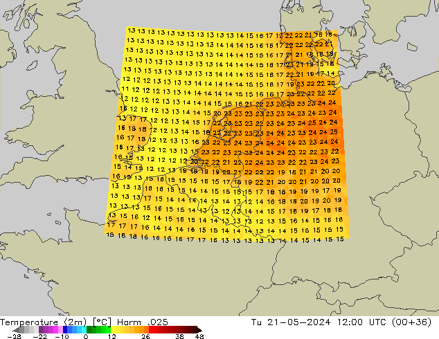 mapa temperatury (2m) Harm .025 wto. 21.05.2024 12 UTC